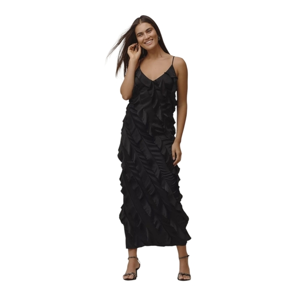 By Anthropologie Cascade Bias-Cut Ruffled Midi Dress Size Medium Black MSRP $198 - Picture 2 of 9